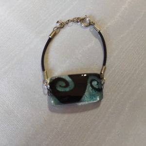 Art Glass Rectagle Charm Blue Black S Swirl Cord Bracelet